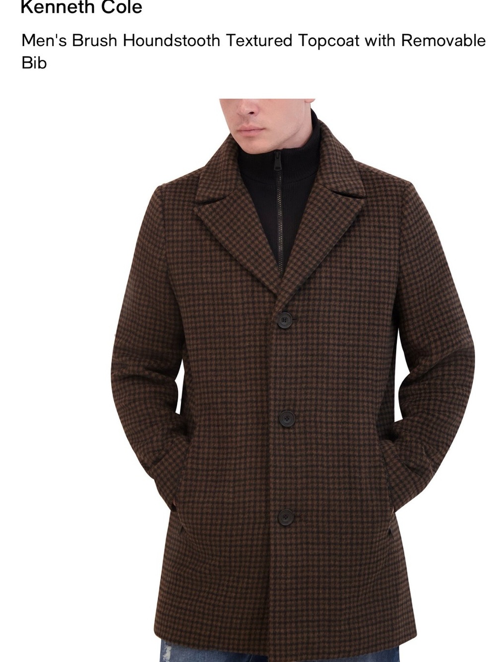 Kenneth Cole Brown Houndstooth Wool-Blend Topcoat
